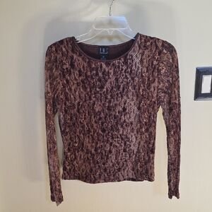 INC International Concepts Brown Floral Lace-Overlay Long Sleeve Top